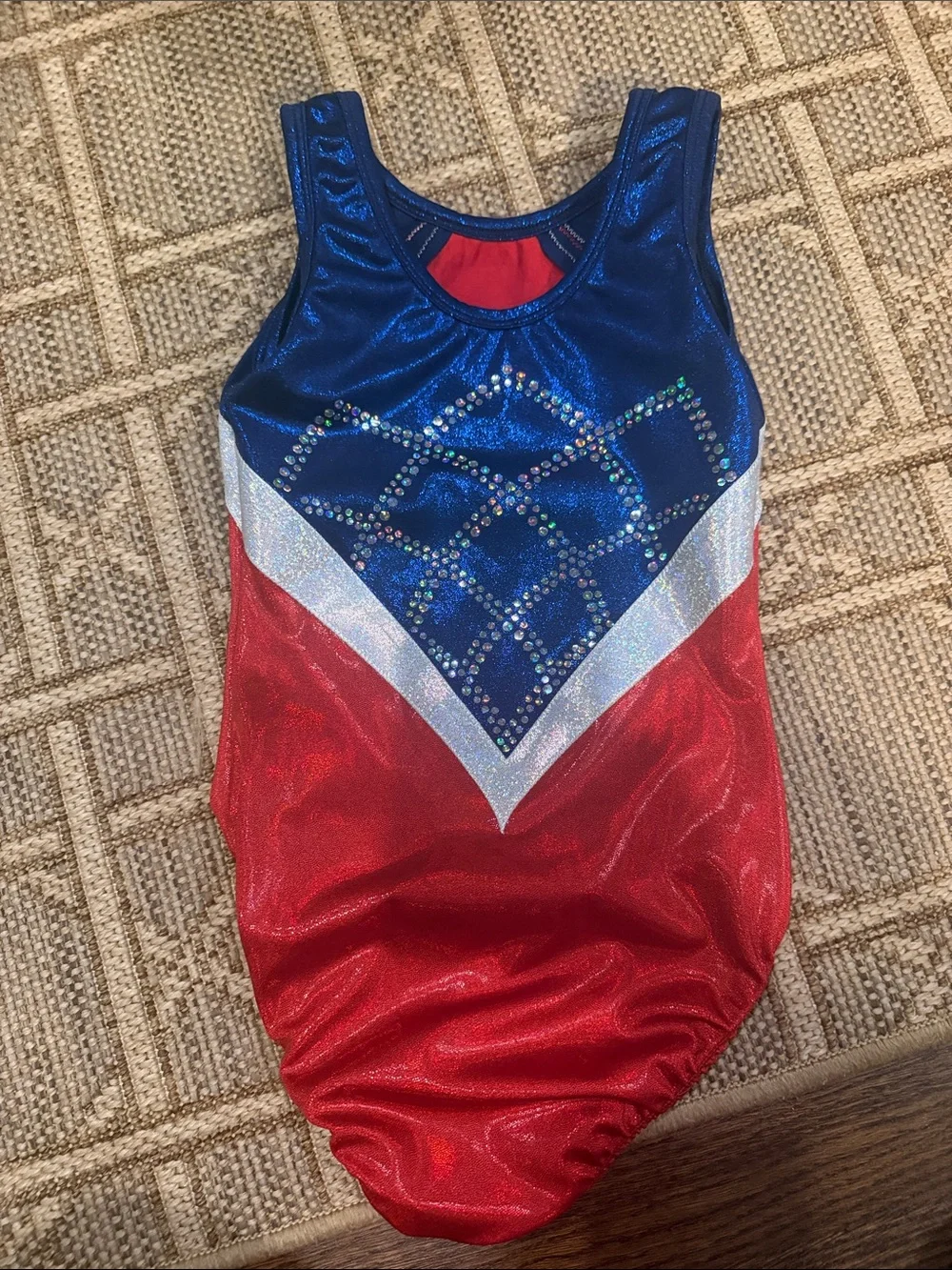 Snowflake Designs Girls Gymnastics Leotard Red Blue Rhinestone Size L